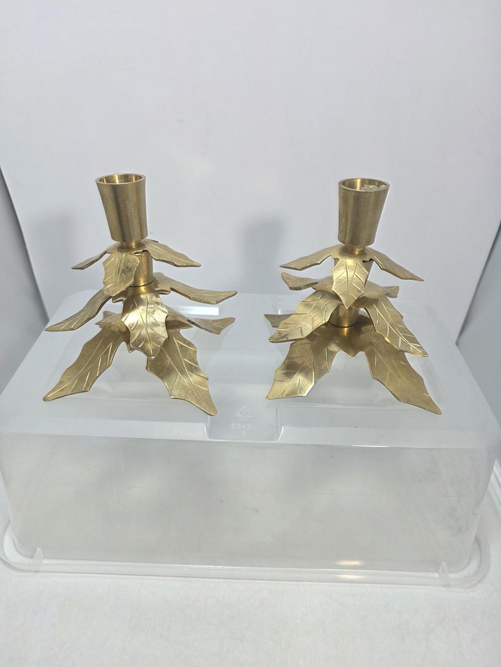 Brass Holly Leaf Candle Holders Vintage Christmas Heavy Mattched Pair